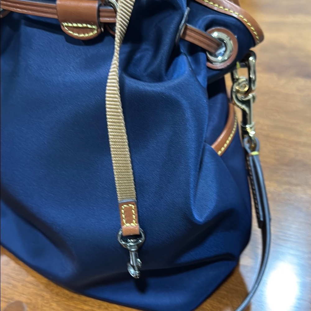 Dooney & Bourke Italian Nylon Navy and Brown Hobo Drawstring Bag - Picture 14 of 15